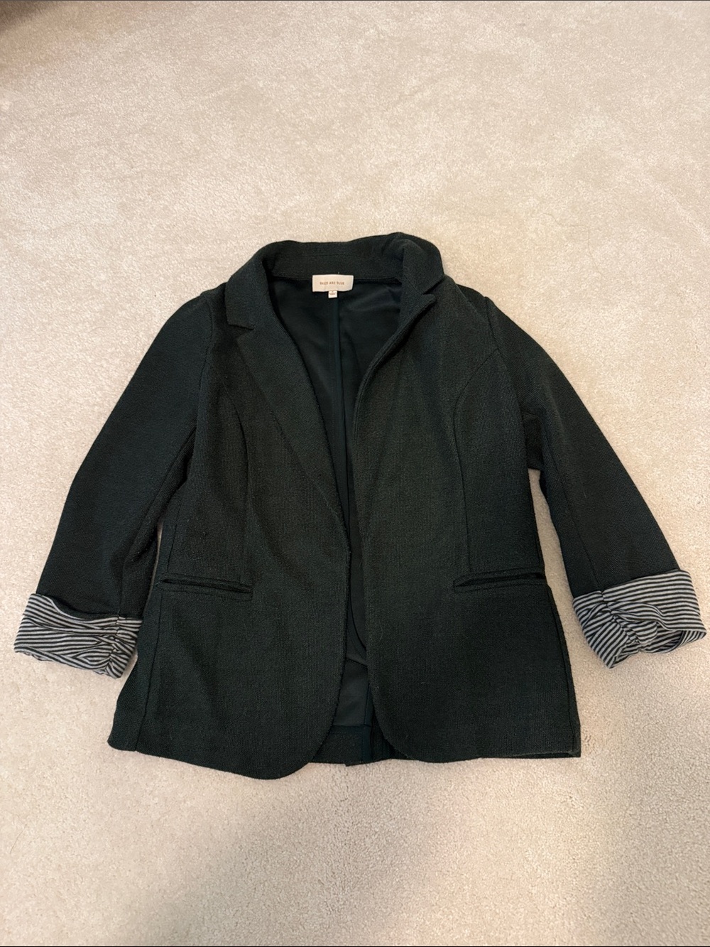 Dark Green Knit Blazer with Striped Cuff Detail